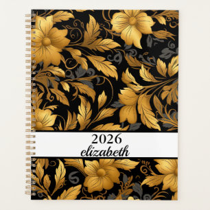 Floral dusty black & gold name script planner