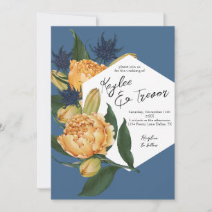 Floral Dusty Blue and Orange Wedding Invitation