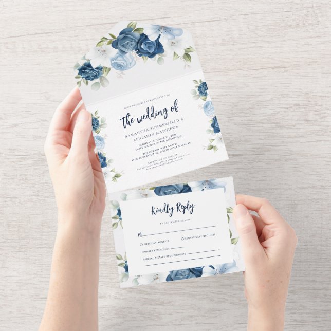 Floral Dusty Blue Bloom Script Wedding All In One Invitation (Tearaway)