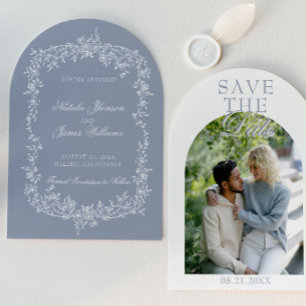 Floral Dusty Blue Botanical Arched Photo Wedding Save The Date