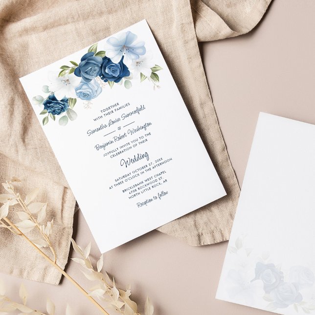Floral Dusty Blue Botanical Script Wedding Invitation (Dusty Blue Floral Wedding Invitation)