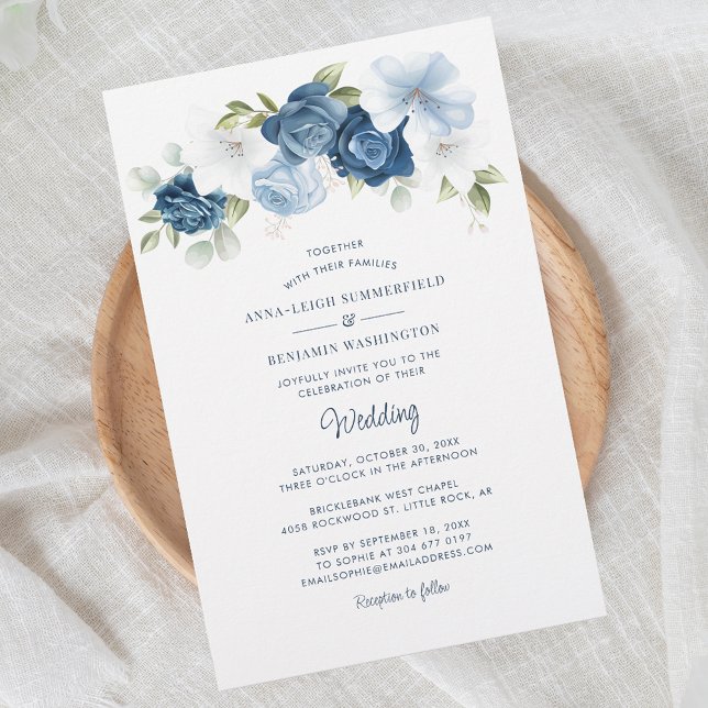 Floral Dusty Blue Botanical Wedding Invitation (Dusty Blue Floral Watercolor Script Wedding Invitation)