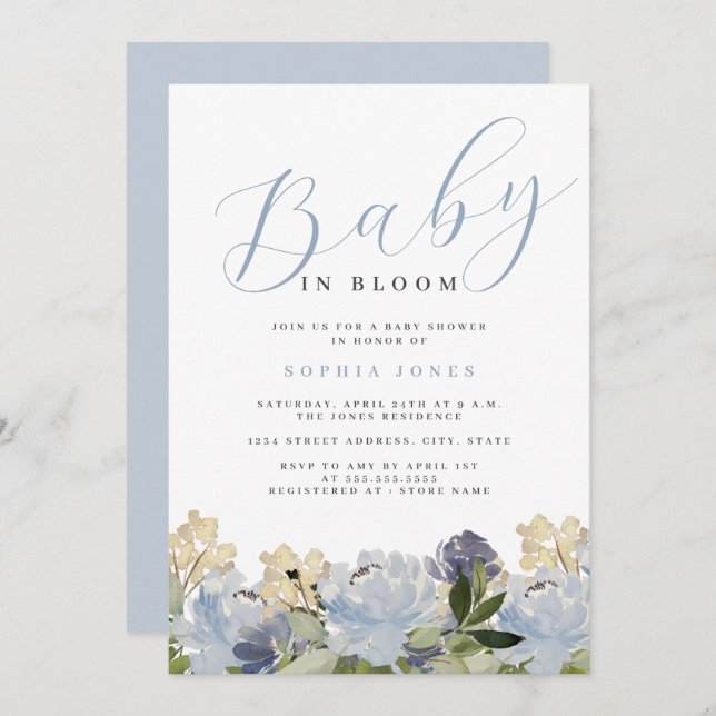 Floral Dusty Blue Boy Baby in Bloom Baby Shower   Invitation (Front/Back)