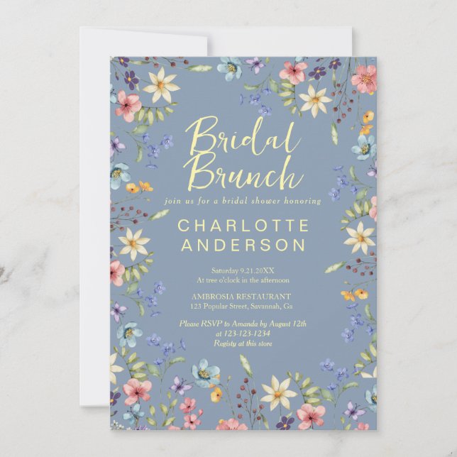 Floral Dusty Blue Bridal Shower Bridal Brunch Invitation (Front)