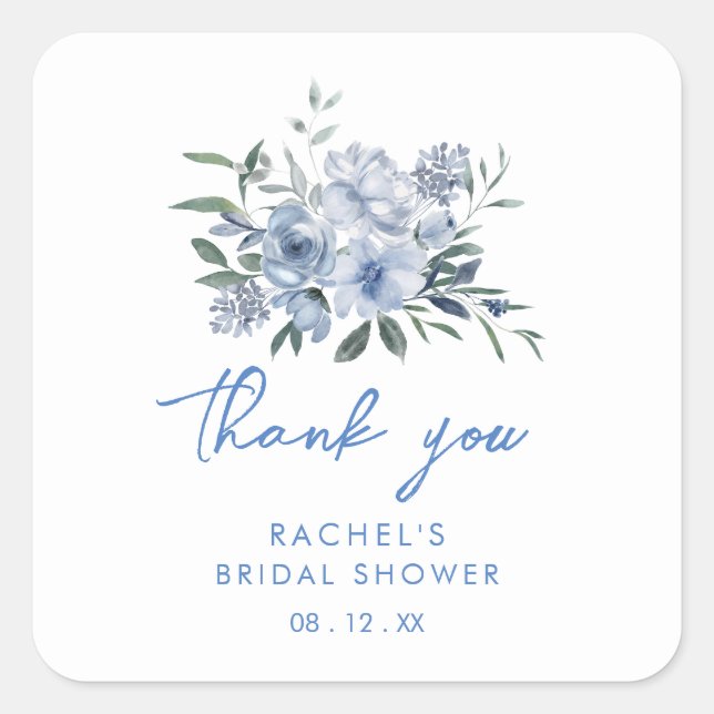 Floral Dusty Blue Bridal Shower Favour Square Sticker (Front)