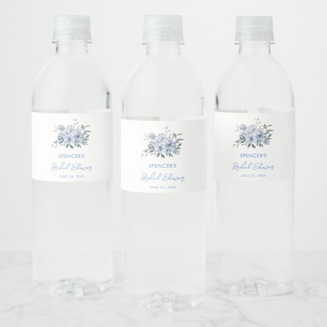 Floral Dusty Blue Bridal Shower Favour Water Bottle Label (Bottles)