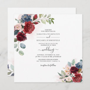 Floral Dusty Blue Burgundy Botanical Wedding Invitation