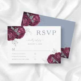 Floral Dusty Blue Burgundy Peonies Elegant Wedding RSVP Card