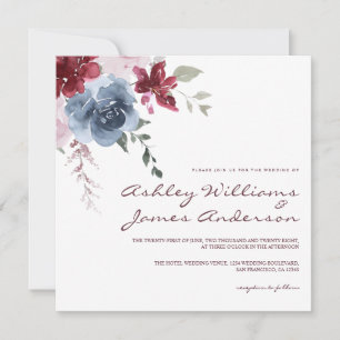 Floral Dusty Blue Burgundy Rose Elegant Wedding Invitation