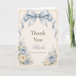 Floral Dusty Blue Coquette Bow Baby Shower Thank You Card