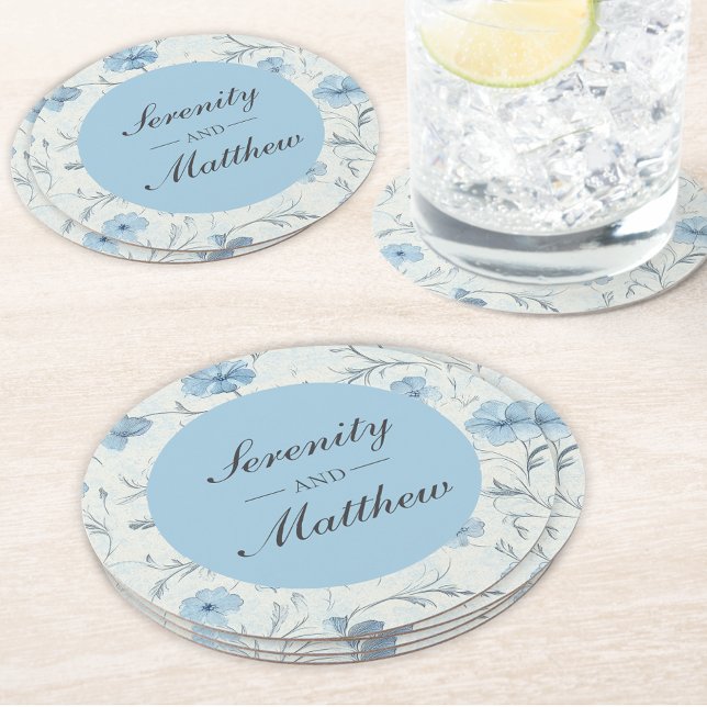 Floral Dusty Blue Country Garden Elegant Wedding Round Paper Coaster (Creator Uploaded)