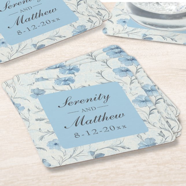 Floral Dusty Blue Country Garden Rustic Wedding Square Paper Coaster (Creator Uploaded)