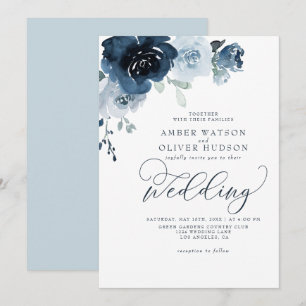 Floral Dusty Blue Dark Navy Blue Boho Wedding Invitation