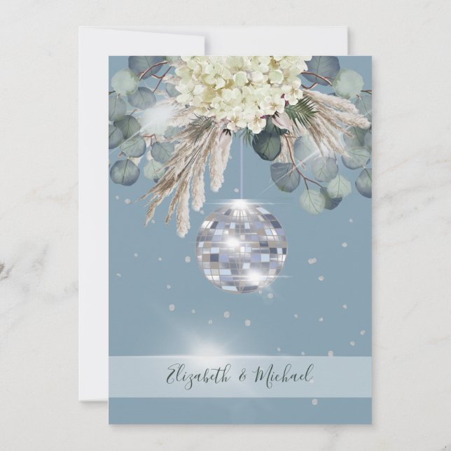 Floral Dusty Blue Disco Ball Elegant Wedding Invitation (Back)