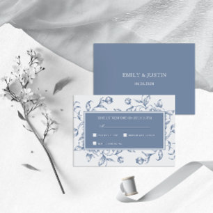 Floral Dusty Blue Elegant Wedding RSVP Card