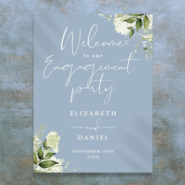 Floral Dusty Blue Engagement Party Welcome Sign (Floral Dusty Blue Engagement Party Welcome Sign)