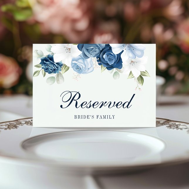 Floral Dusty Blue Eucalyptus Reserved Sign Card (Dusty Blue Brides Family Wedding Reception Reserved Card)