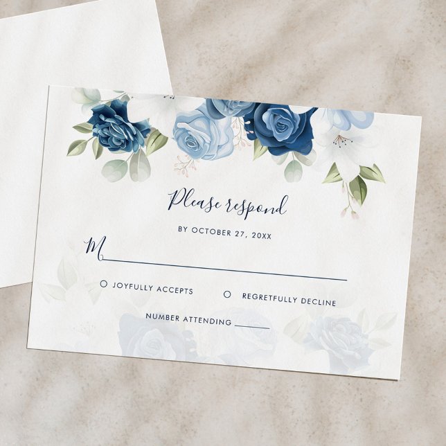 Floral Dusty Blue Floral Script Wedding RSVP Card (Floral Dusty Blue Watercolor Bloom Wedding RSVP Card)