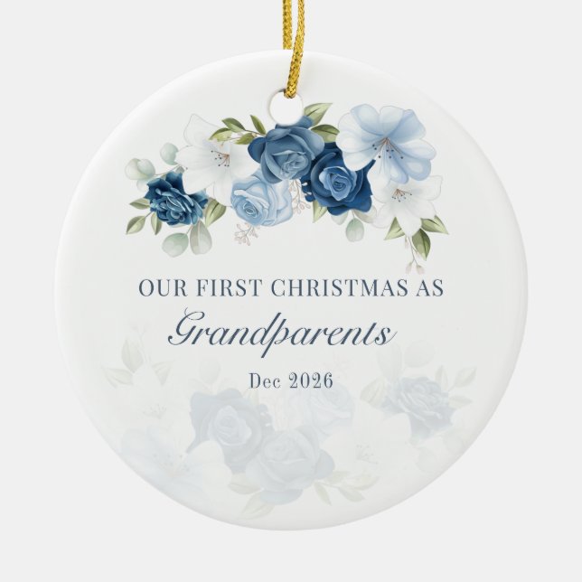 Floral Dusty Blue Grandparents 1st Christmas Ceramic Ornament (Front)