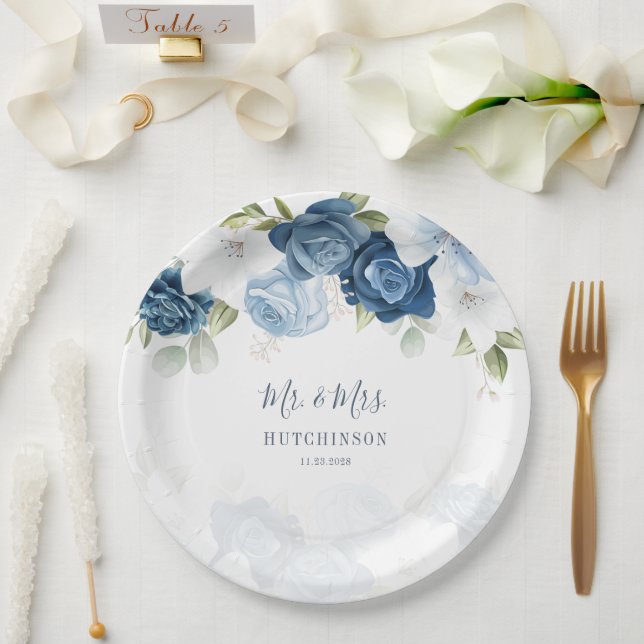 Floral Dusty Blue Greenery Wedding Reception Paper Plate (Wedding)