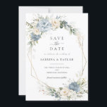 Floral Dusty Blue Greenery Wedding Save The Date Invitation<br><div class="desc">Floral Dusty Blue White Geometric Gold Wedding Save the Date Card,  Elegant Greenery Wedding Dave the Date Card</div>