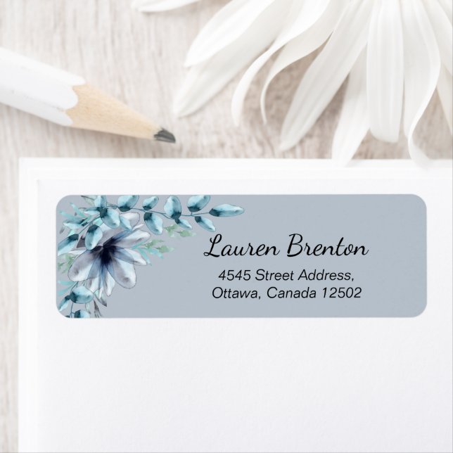 Floral dusty blue grey  return address label (Insitu)