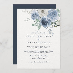 Floral Dusty Blue Ivory Rose Dark Blue Wedding Invitation