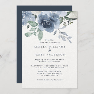 Floral Dusty Blue Ivory Rose Dark Blue Wedding Invitation