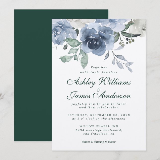 Floral Dusty Blue Ivory Rose Dark Green Wedding Invitation (Front/Back)