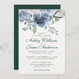 Floral Dusty Blue Ivory Rose Dark Green Wedding Invitation
