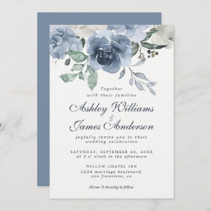 Floral Dusty Blue Ivory Rose Vintage Blue Wedding Invitation