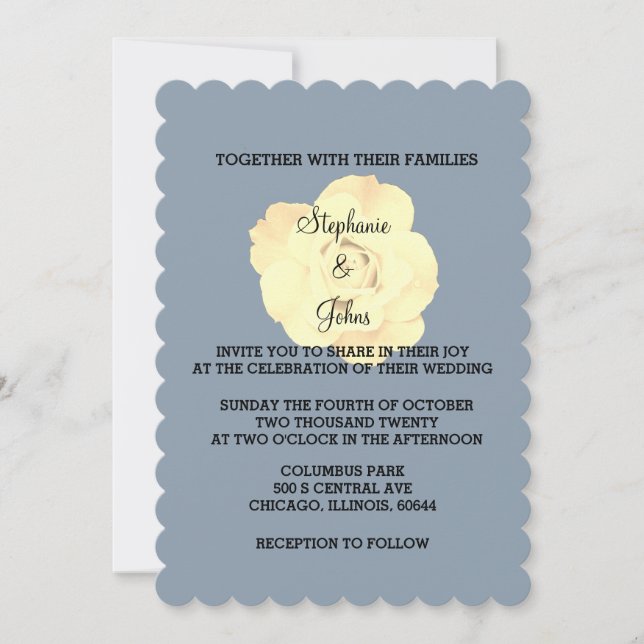 Floral Dusty Blue Ivory White Cream Rose Wedding Invitation (Front)