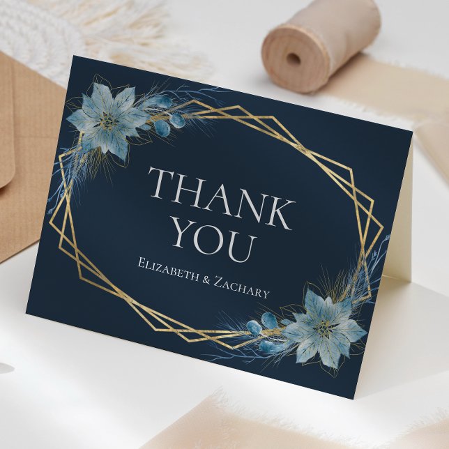 Floral Dusty Blue Navy Gold Winter Wedding Thank You Card (Creator Uploaded)