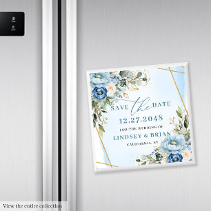 Floral Dusty Blue Peonies Gold Glitter Date Magnet