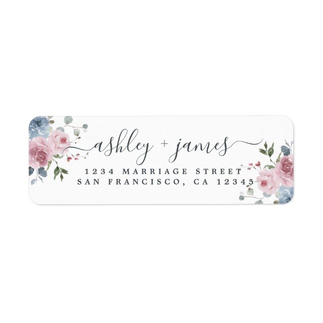 Floral Dusty Blue Pink Rose Return Address Label (Front)