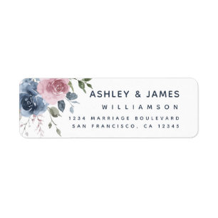Floral Dusty Blue Pink Rose Script Return Address Label