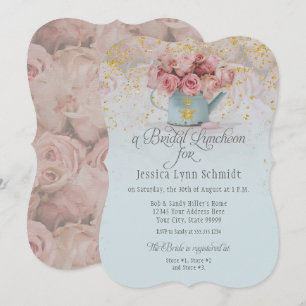 Floral Dusty Blue Roses Gold Bridal Luncheon Invitation