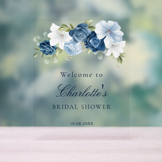 Floral Dusty Blue Script Bridal Shower Acrylic Sign (Neutral)