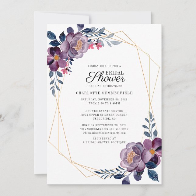 Floral Dusty Blue Script Geometric Bridal Shower Invitation (Front)