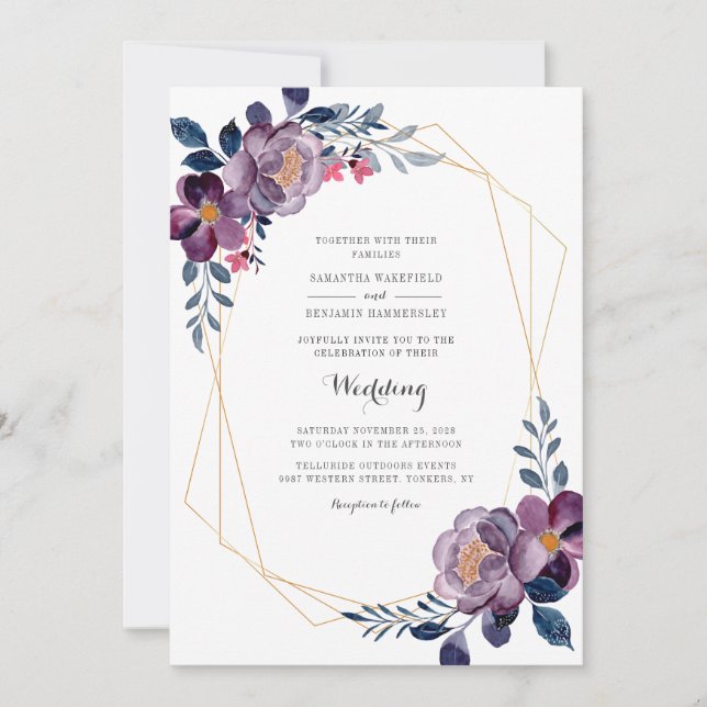 Floral Dusty Blue Script Geometric Wedding  Invitation (Front)