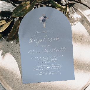 Floral Dusty Blue Silver Cross Arch Boys Baptism Invitation