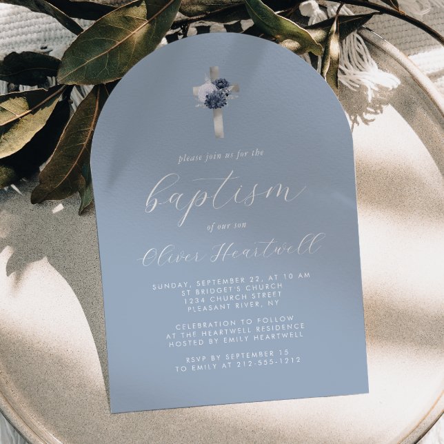 Floral Dusty Blue Silver Cross Arch Boys Baptism Invitation (Creator Uploaded)