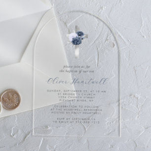 Floral Dusty Blue Silver Cross Boys Baptism Acrylic Invitations