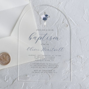 Floral Dusty Blue Silver Cross Boys Baptism Acrylic Invitations