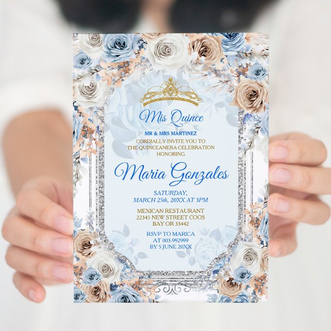 Floral Dusty Blue Spanish Girl Sweet 15th Birthday Invitation (Creator Uploaded)