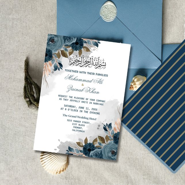 Floral Dusty Blue Walima Islamic Wedding Invitation (Creator Uploaded)