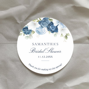 Floral Dusty Blue Watercolor Script Bridal Shower Classic Round Sticker