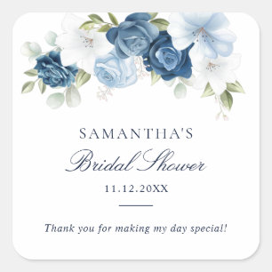 Floral Dusty Blue Watercolor Script Bridal Shower Square Sticker