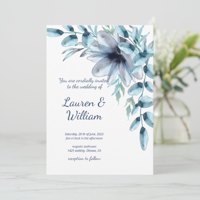 Floral dusty blue watercolor Wedding  Invitation (Standing Front)