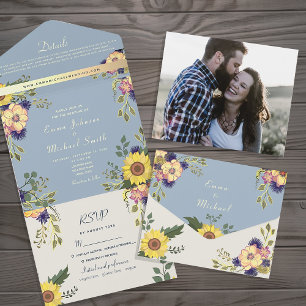 Floral Dusty Blue Wedding All In One Invitation